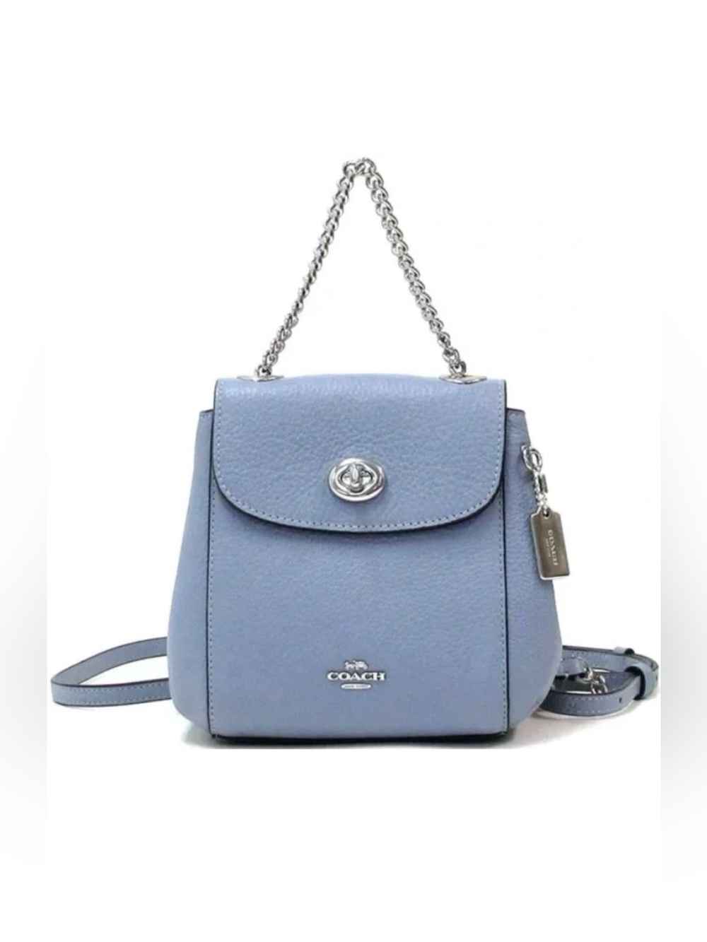 Coach Light Blue Pebbled Leather Chain Crossbody Bag